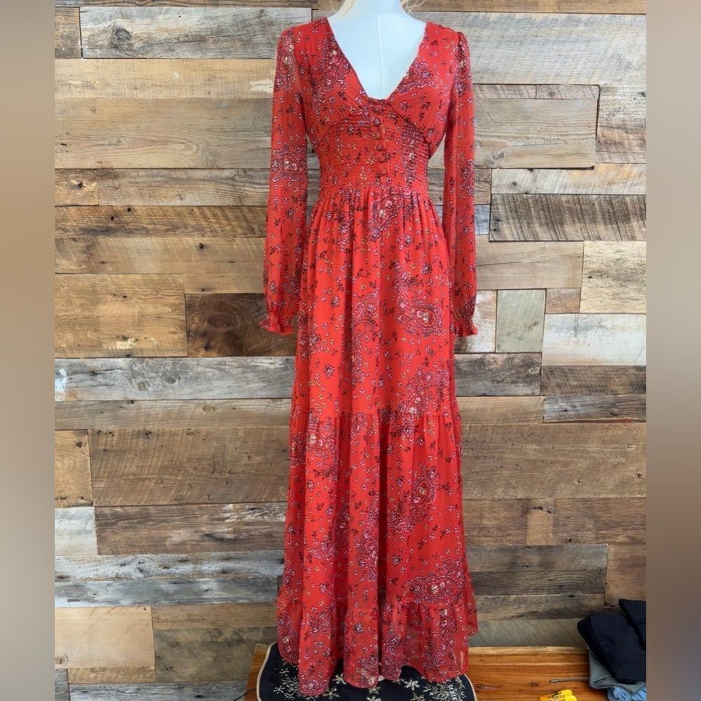 Patrons Of Peace Anthropologie Red Paisley Floral Smocked Maxi Dress Size XS
